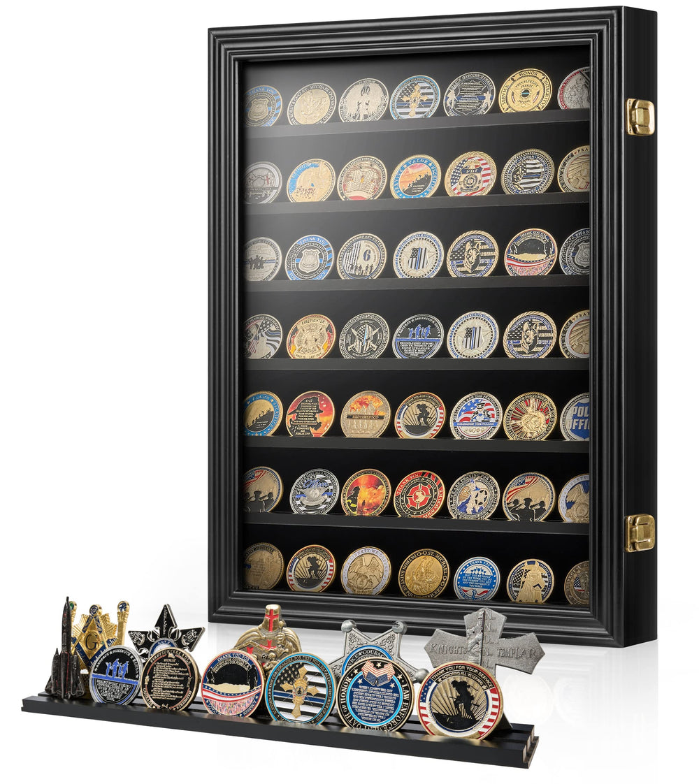 DecoWoodo front view display case showing coins neatly arranged and clear glass
