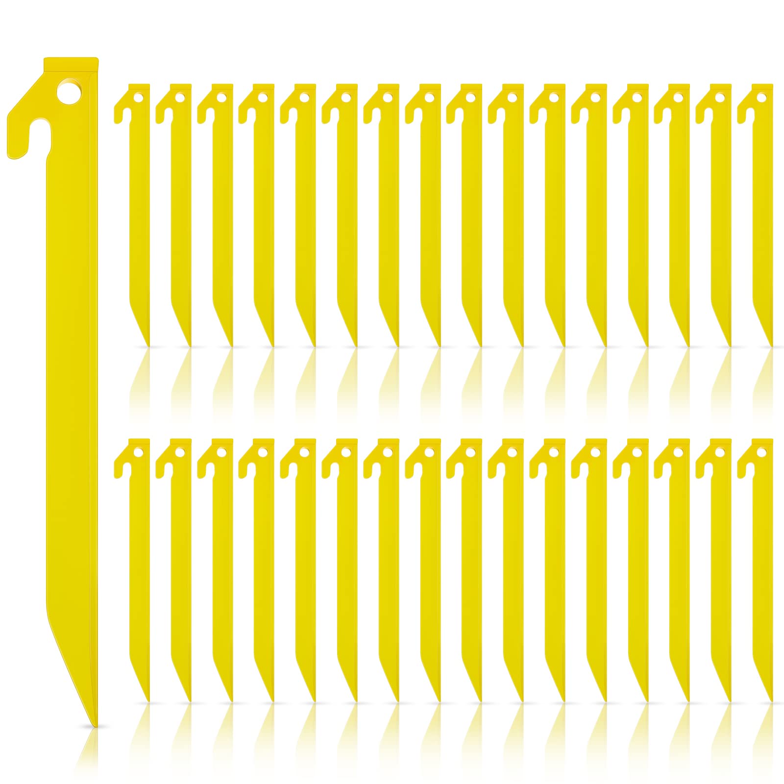 Deekin front packaging showing 80 yellow stakes, high visibility for quick find
