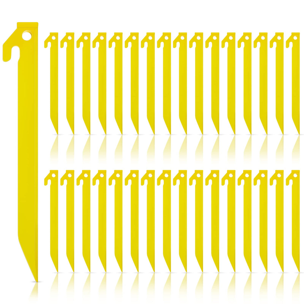 Deekin front packaging showing 80 yellow stakes, high visibility for quick find