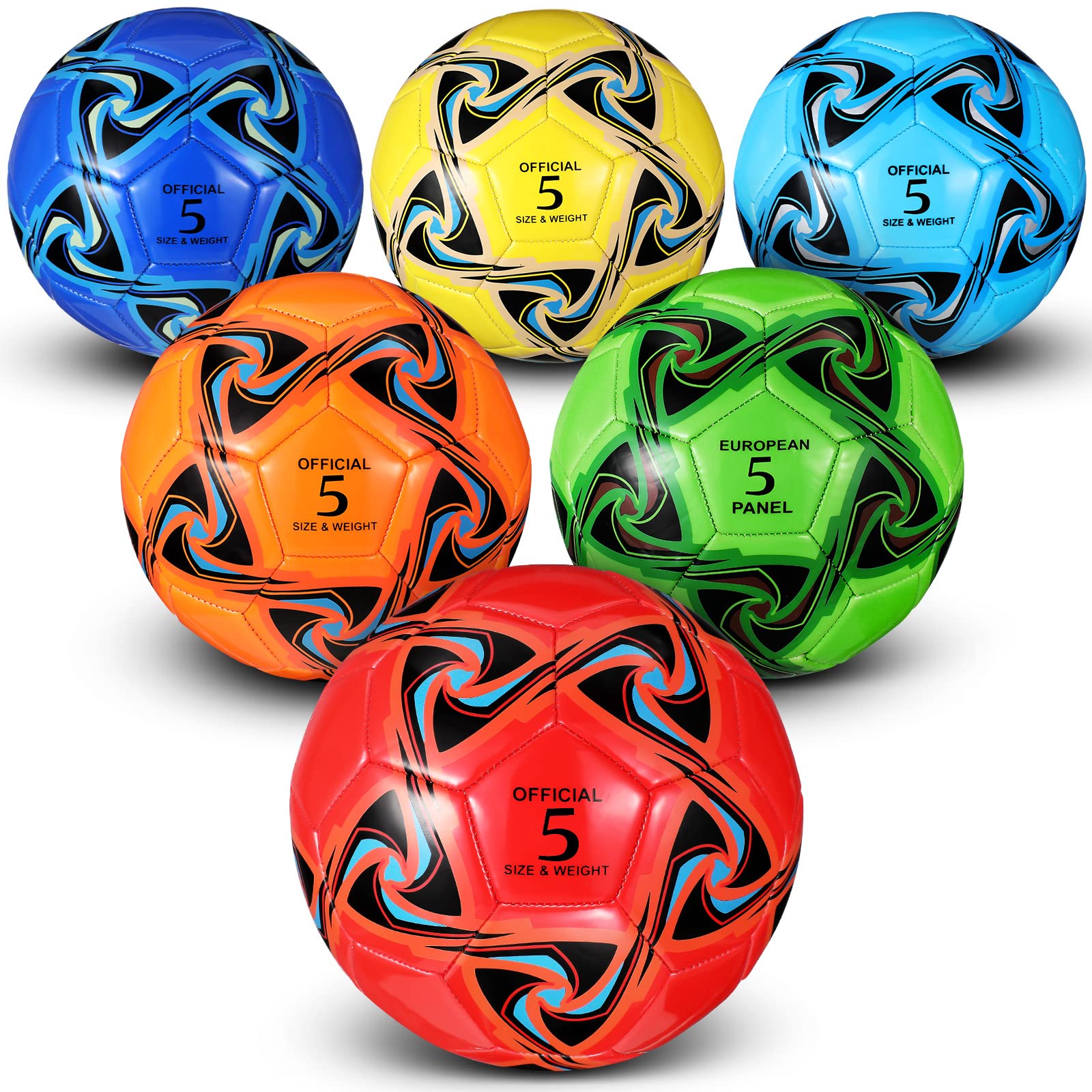 Deekin size 3 soccer balls front pack shows six colorful balls and included pump for quick setup
