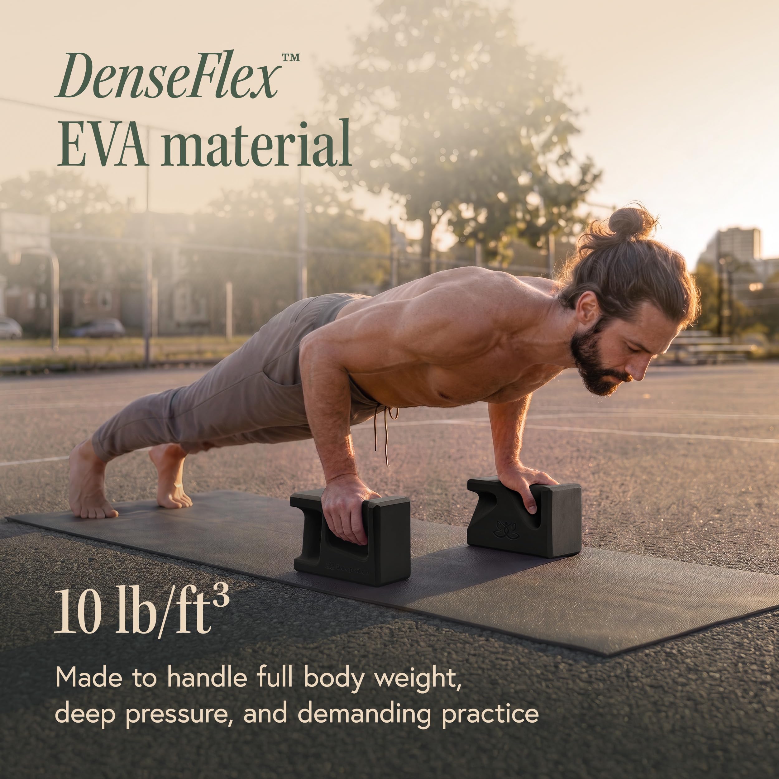 Deep-Zen block next to a hand showing scale and dense EVA firmness for reliable balance
