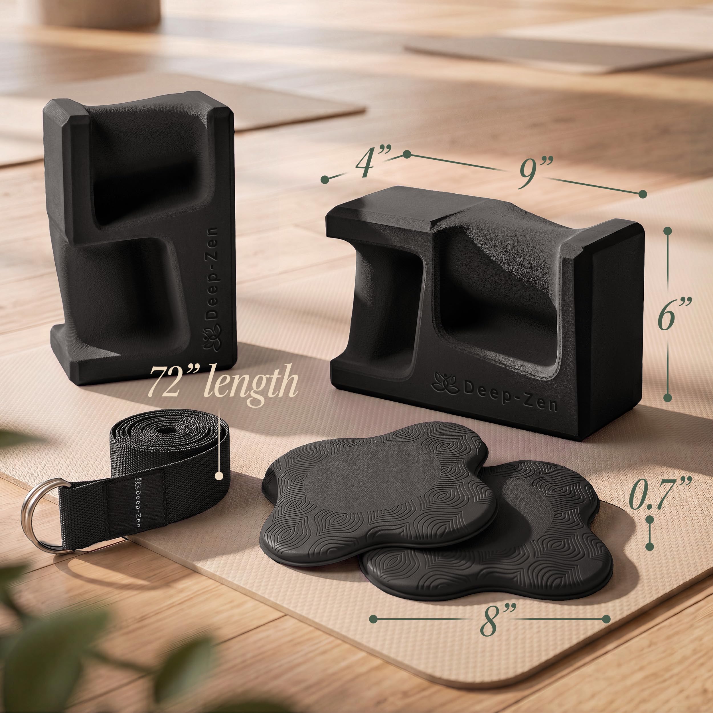 Deep-Zen knee pads and 72-inch strap neatly arranged illustrating added cushioning and stretch assistance