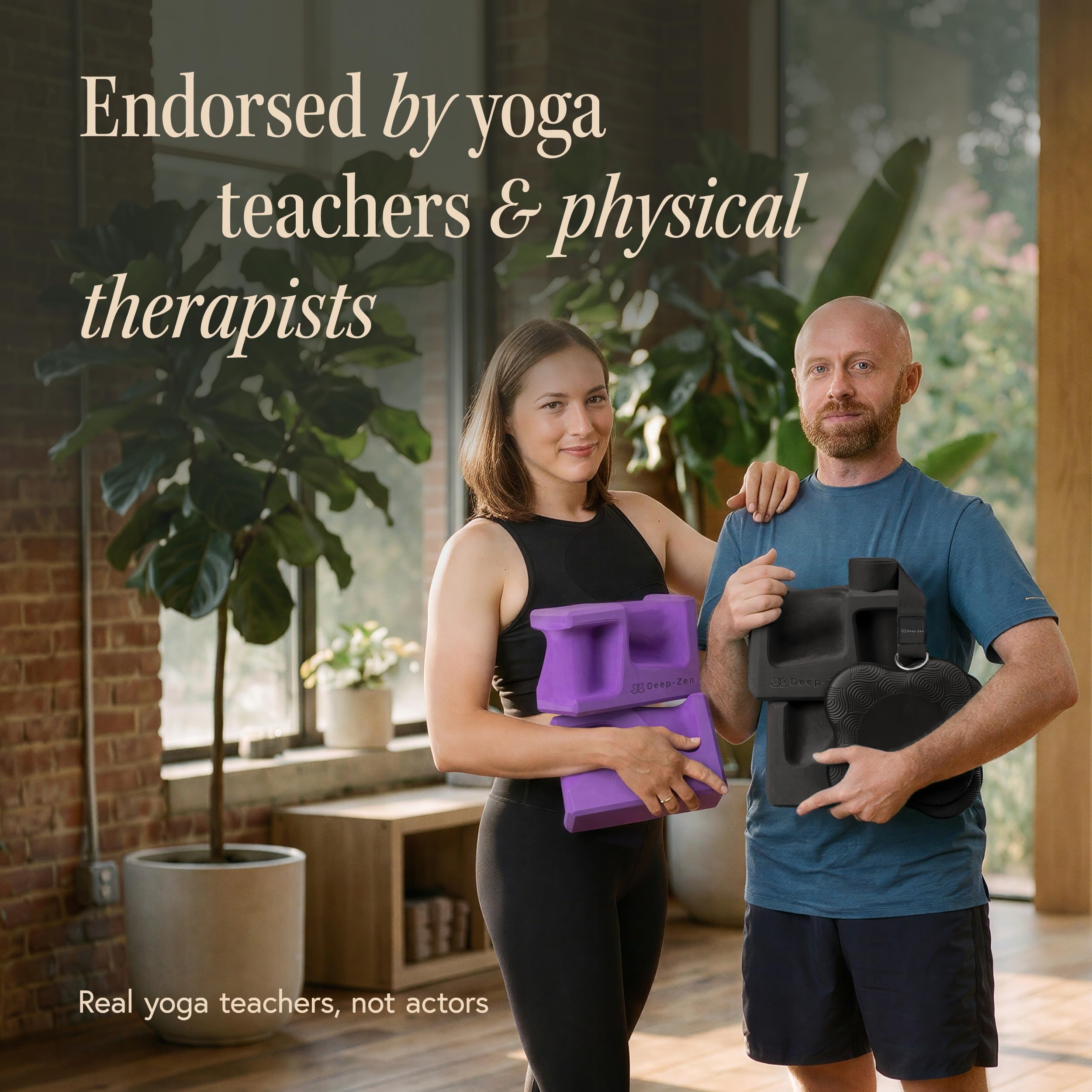 Deep-Zen blocks and accessories staged in a home yoga corner conveying practical, stylish practice benefits