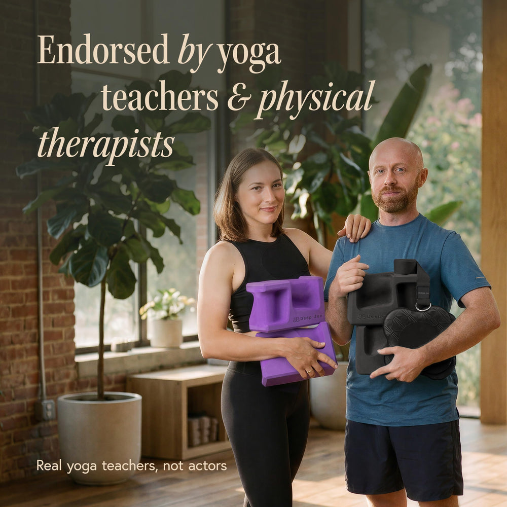 Deep-Zen blocks and accessories staged in a home yoga corner conveying practical, stylish practice benefits