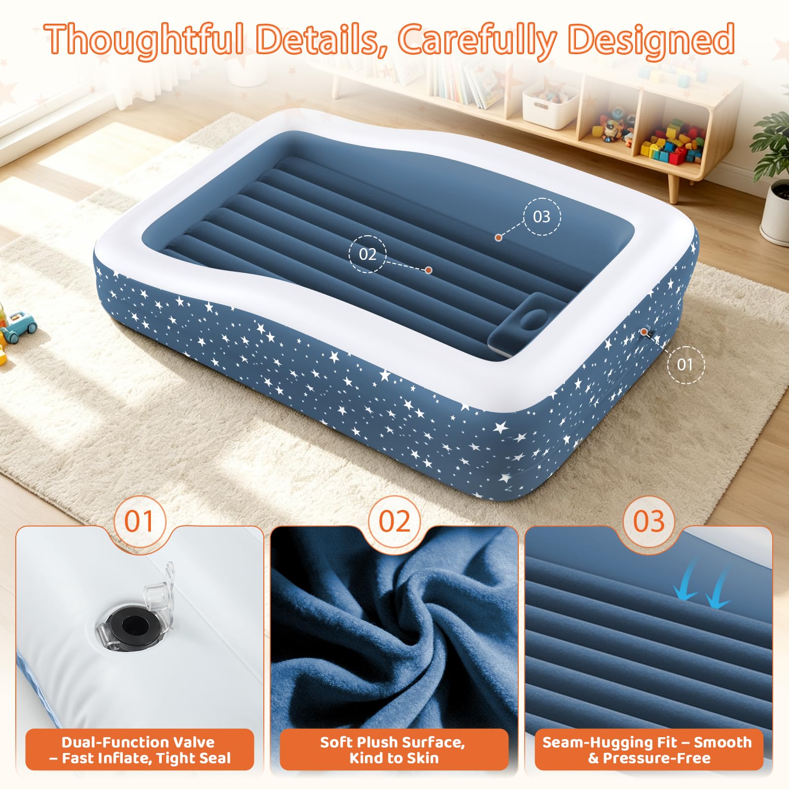 Deeteck toddler lying comfortably on the bed demonstrating safe, cozy sleep