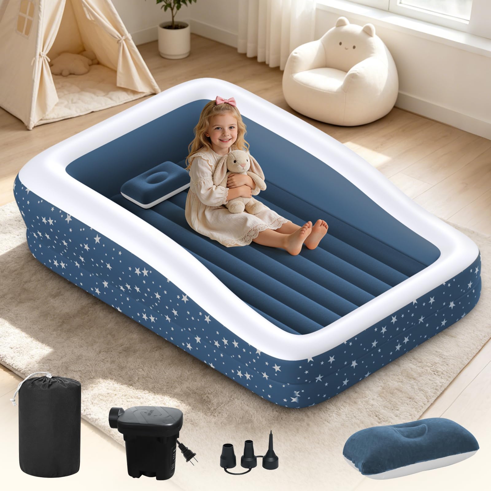 Deeteck front view of inflated blue toddler bed showing secure wrap rails and stability