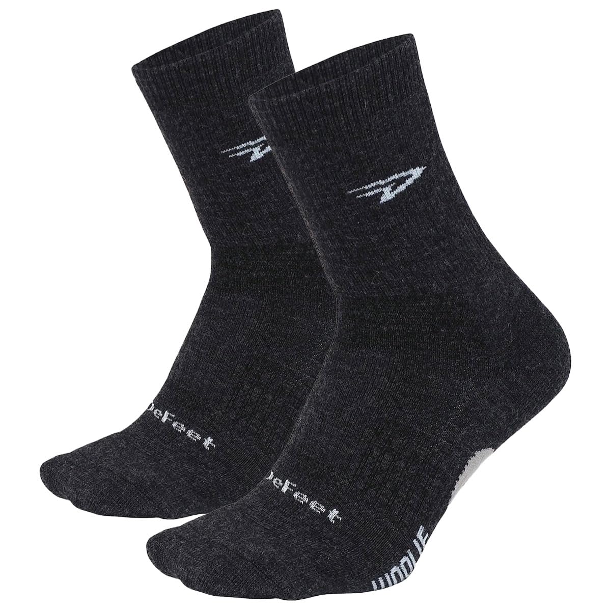 DEFEET Woolie Boolie front packaging showing charcoal pair and two-pack benefit