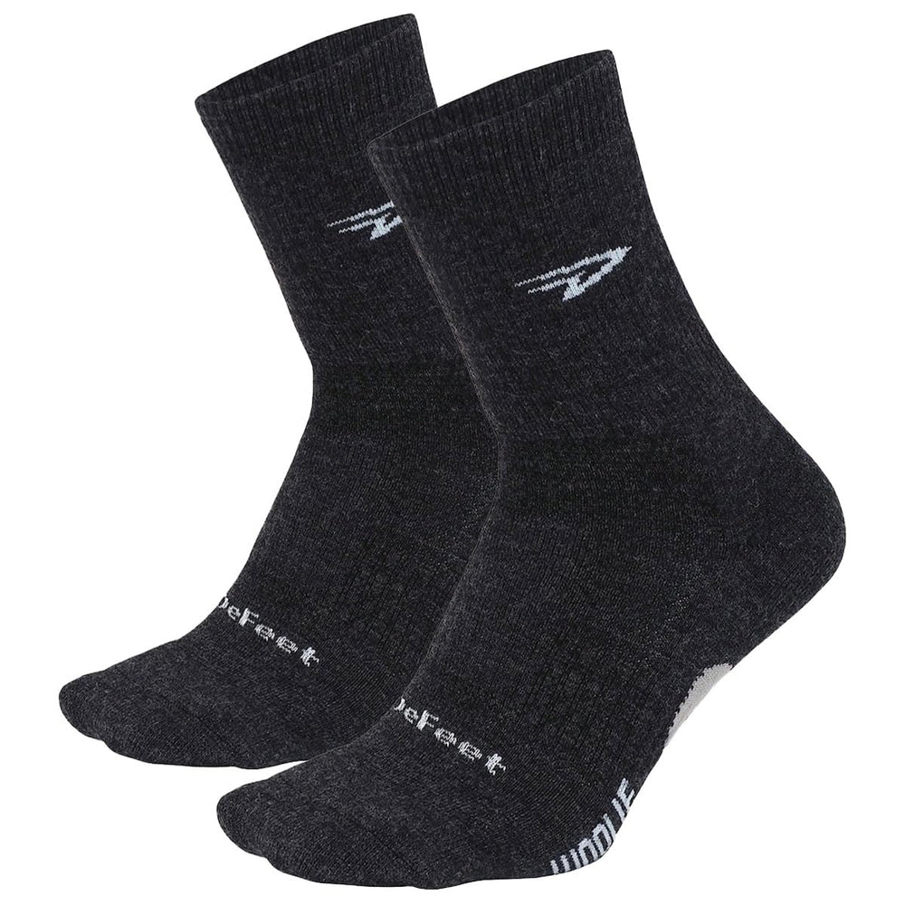 DEFEET Woolie Boolie front packaging showing charcoal pair and two-pack benefit