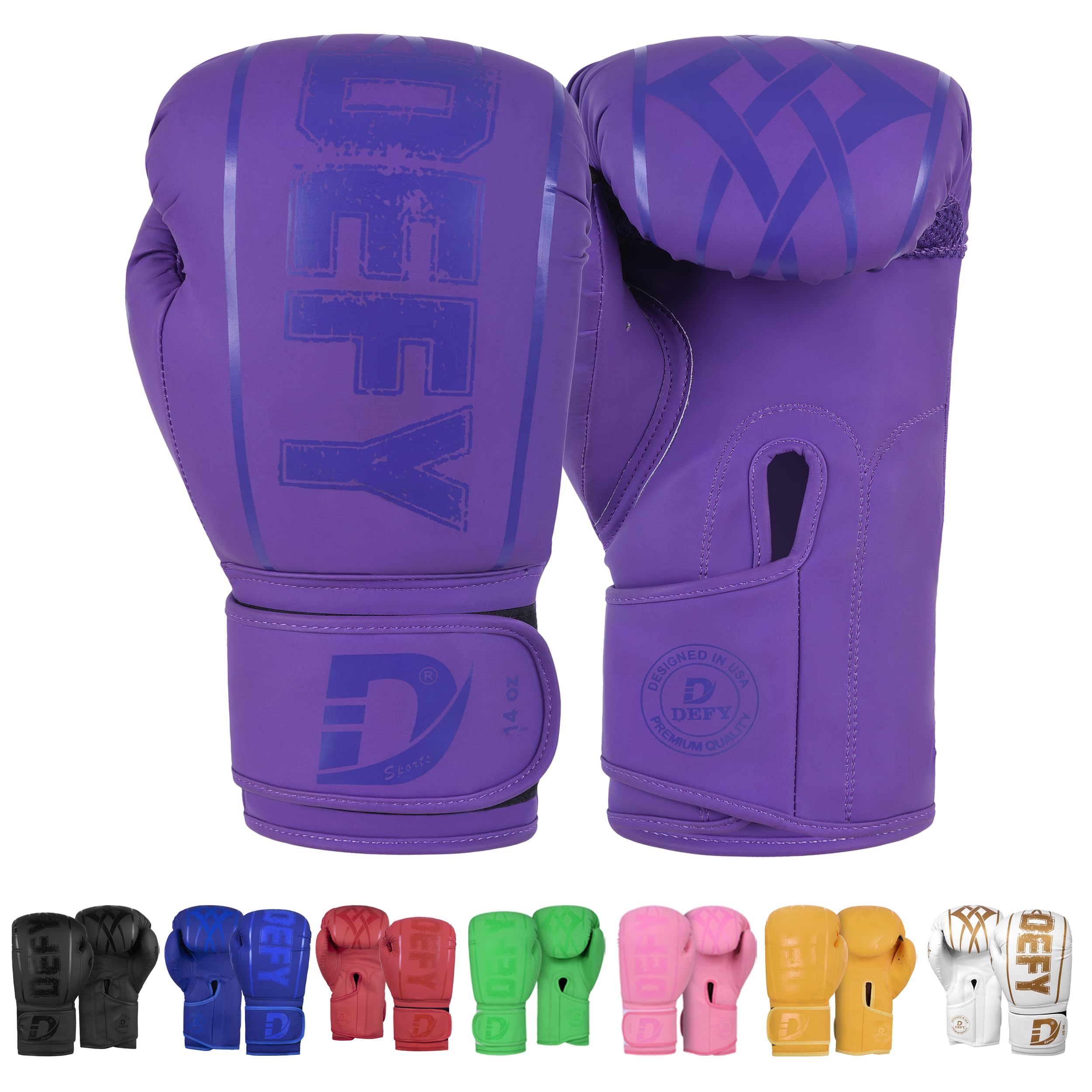 DEFY purple boxing gloves front view showing logo and secure fit benefit