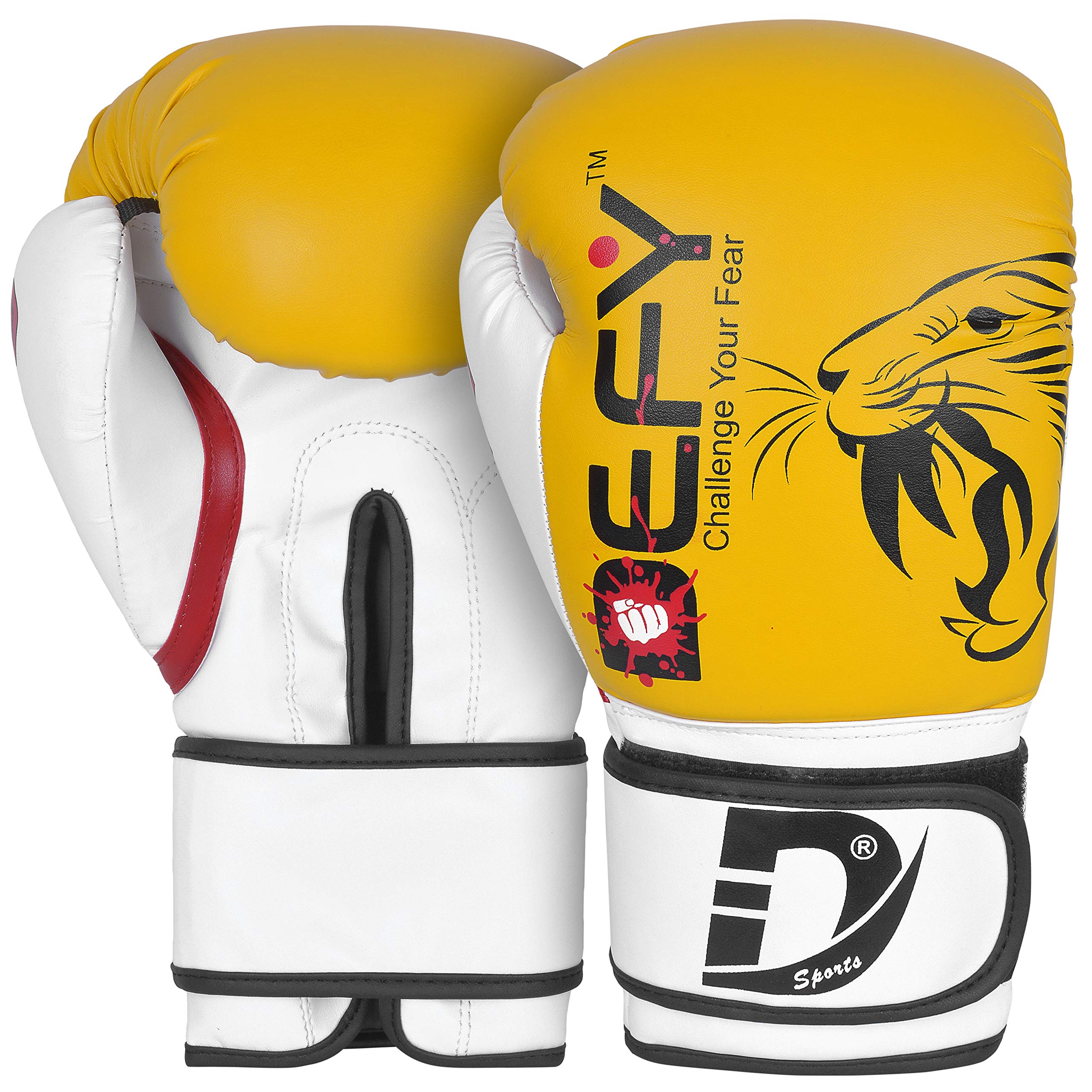 DEFY Tiger glove front view showing bold yellow design and durable material for long training life