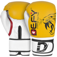 DEFY Tiger glove front view showing bold yellow design and durable material for long training life