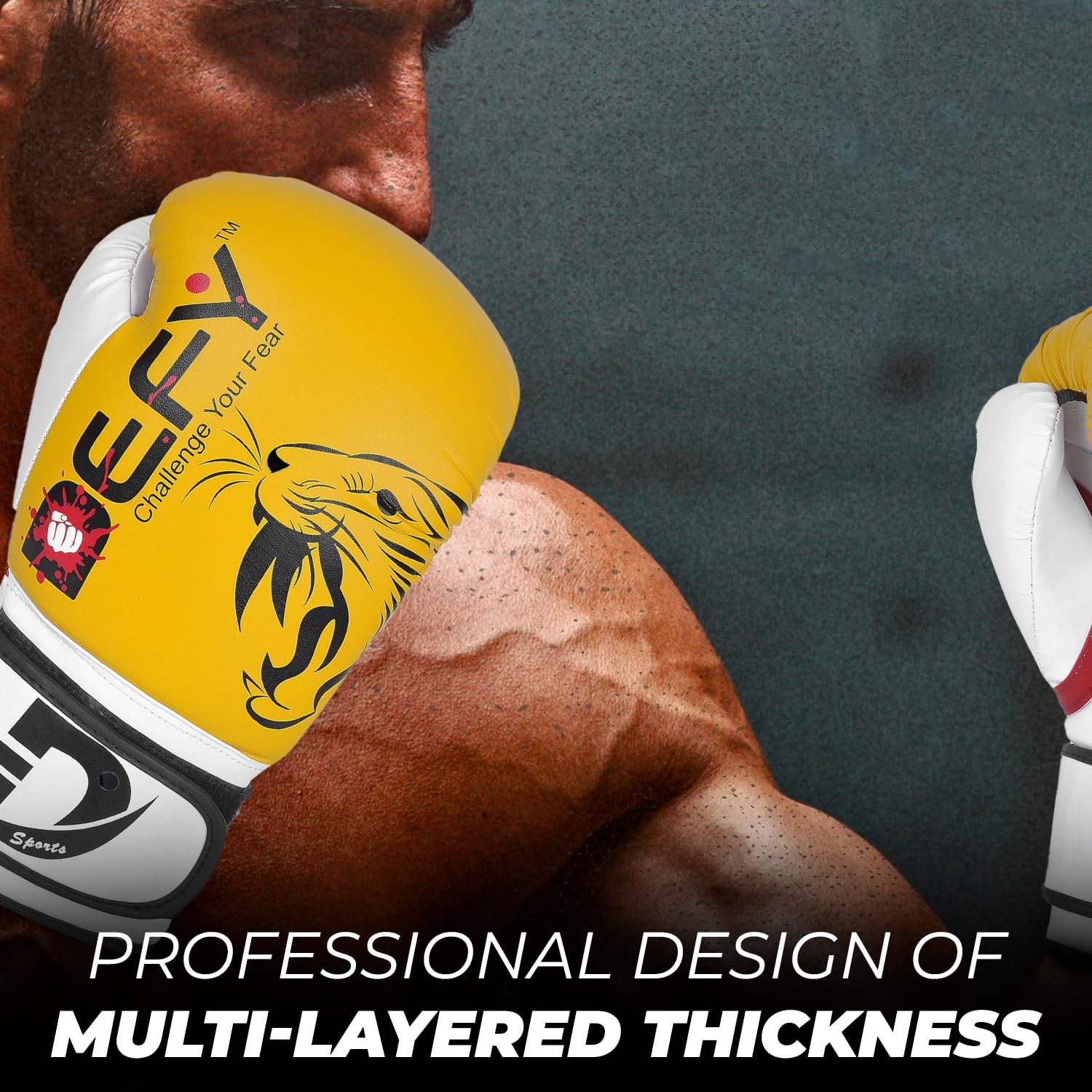 DEFY Tiger gloves in sparring action showing brand reliability and confident hand protection