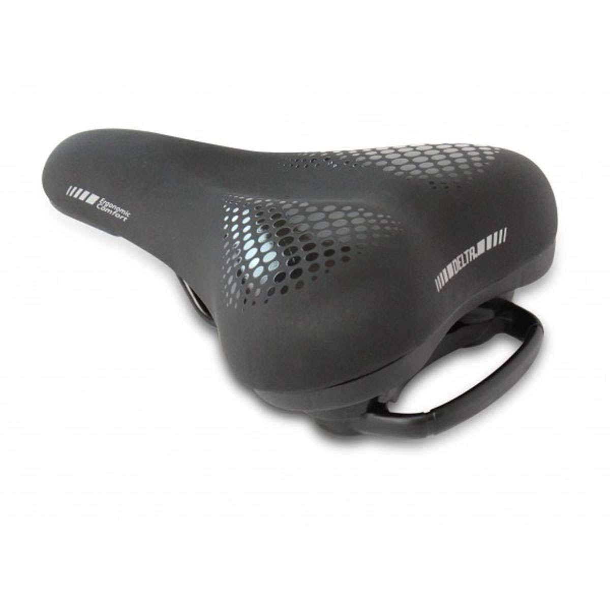 Delta front view of large comfort saddle showing wide platform and support benefit