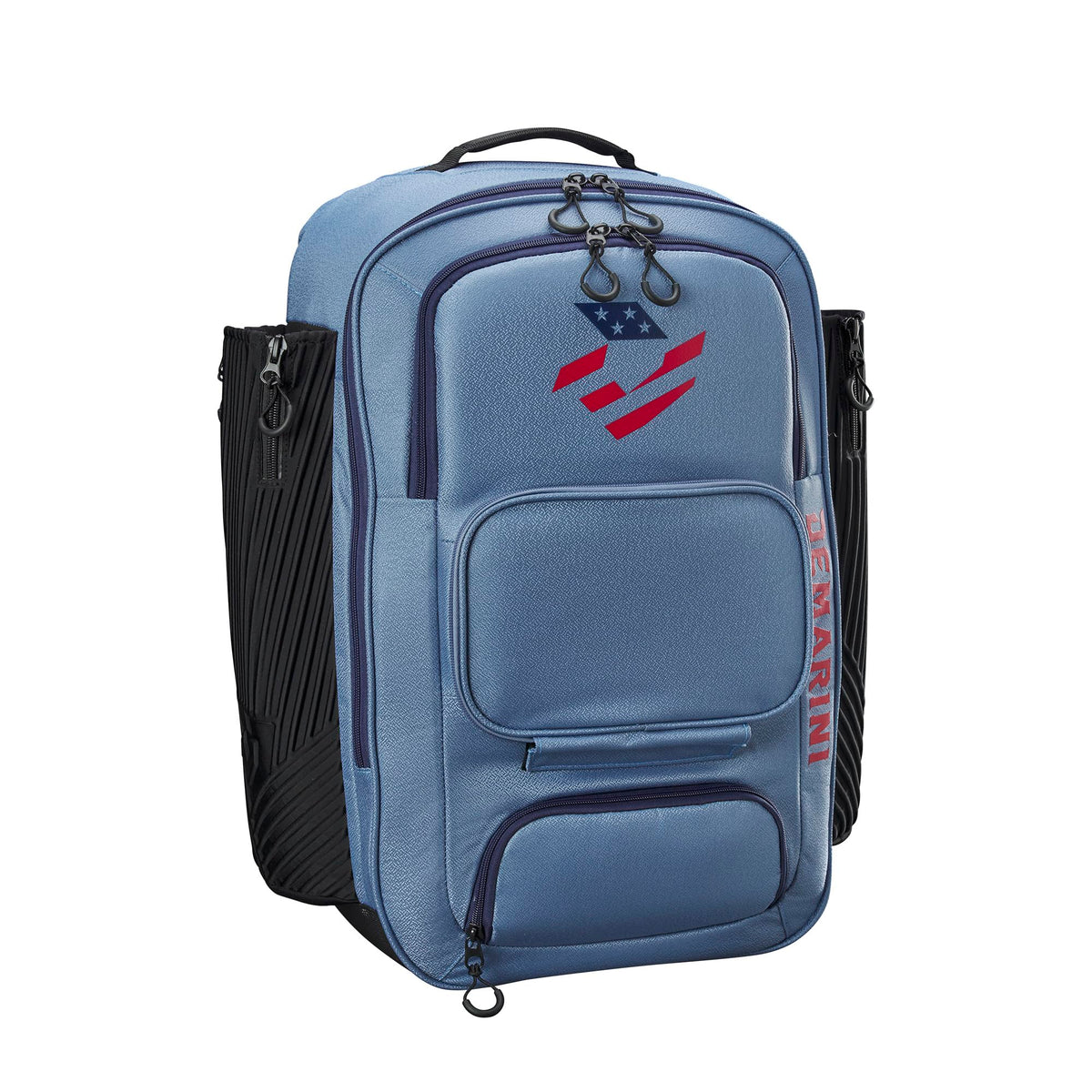 DeMarini front view of Element/Navy backpack showing shape and pockets for easy organization