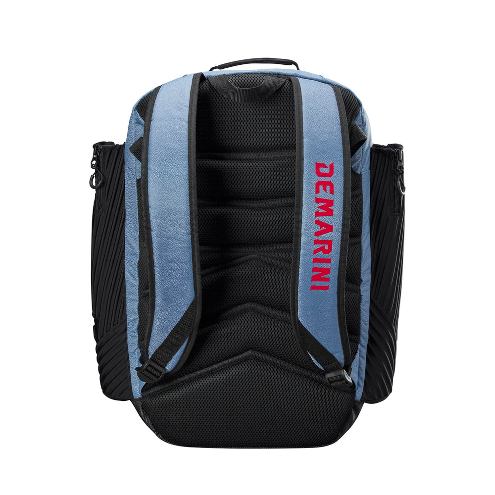 DeMarini zippered neoprene bat compartment shown cushioning bat to prevent dings