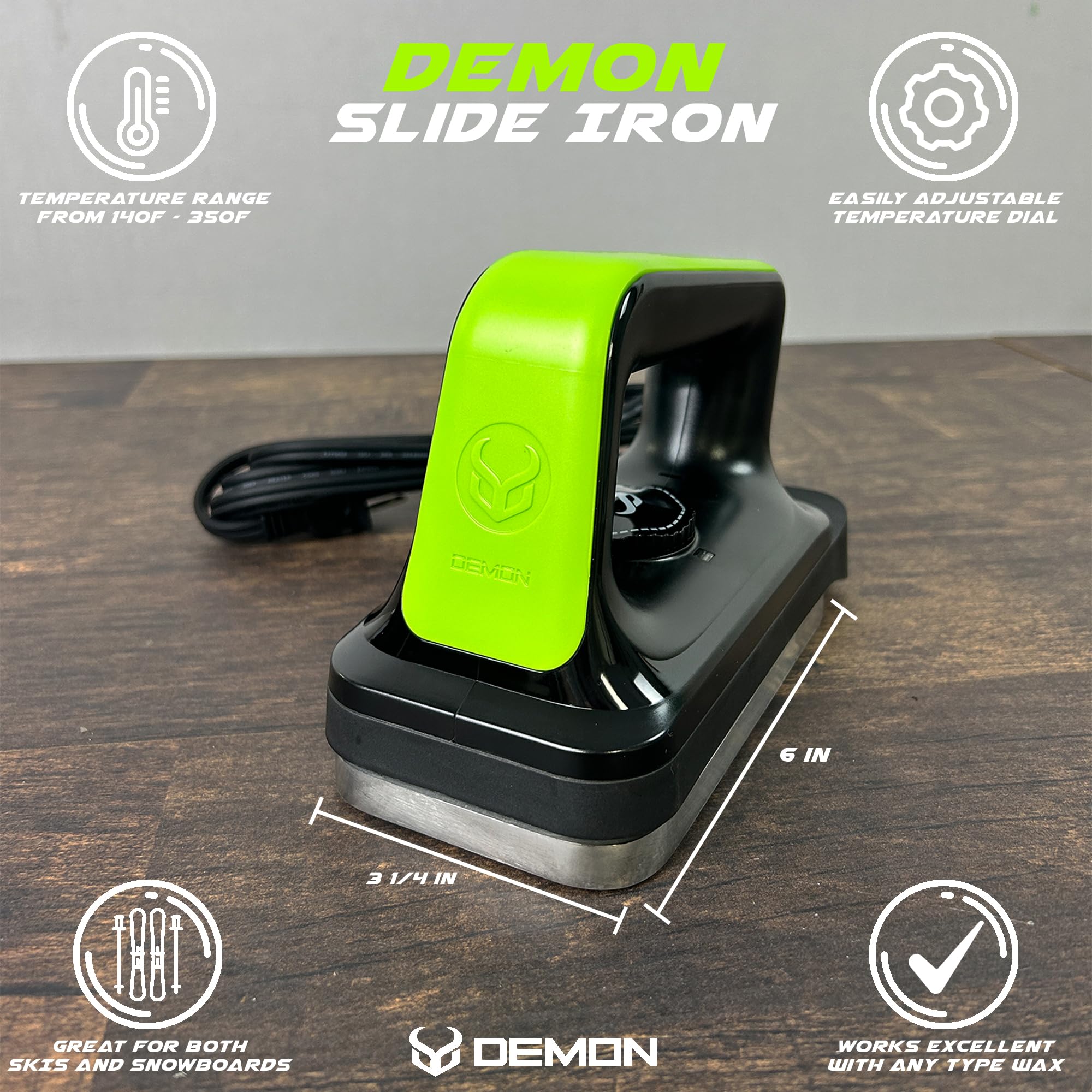 Demon United kit beside skis to show scale and travel-ready compactness