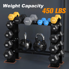 DERACY rack loaded with hex dumbbells demonstrating space-efficient storage