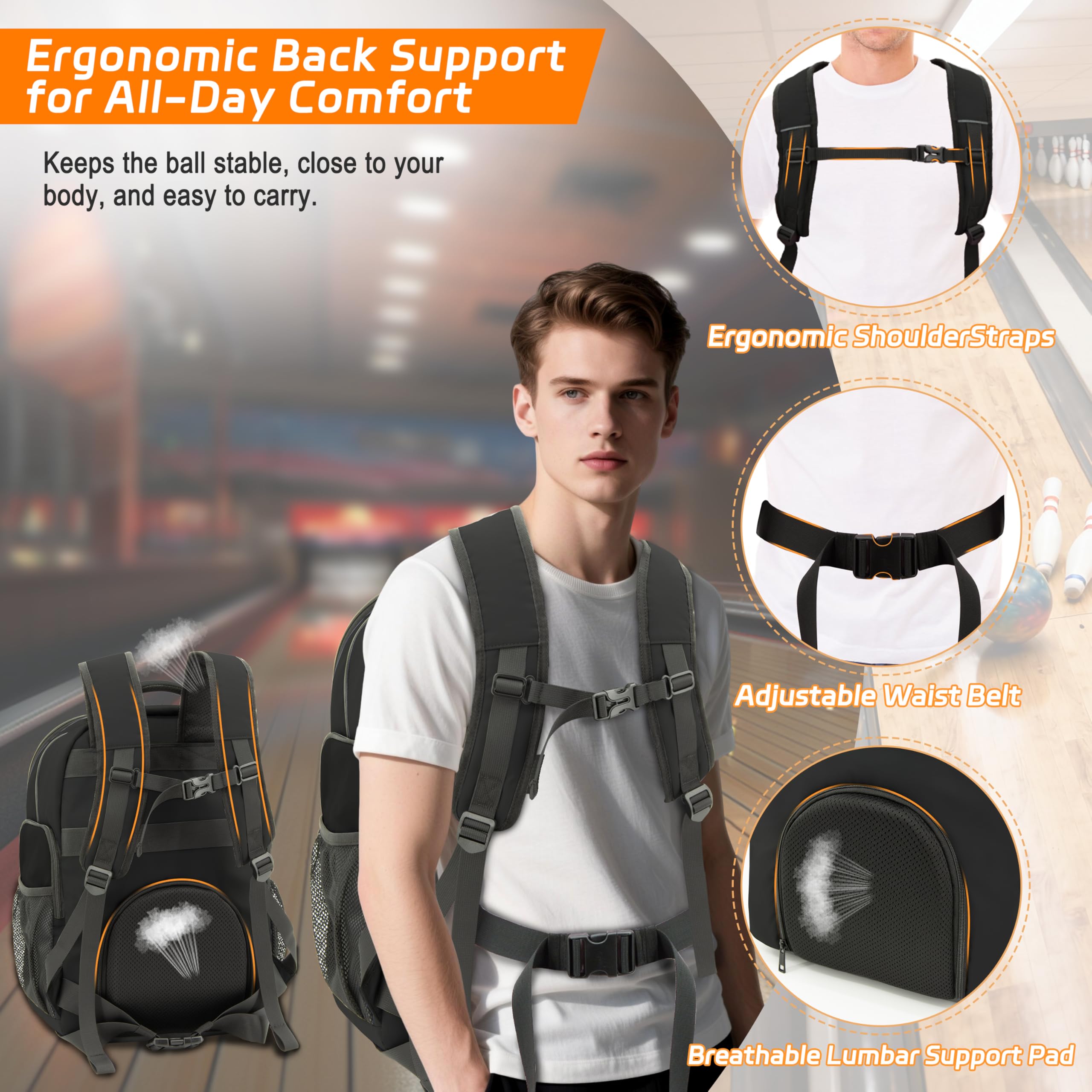 DerHutzucker backpack beside a standard bowling ball showing scale and secure fit