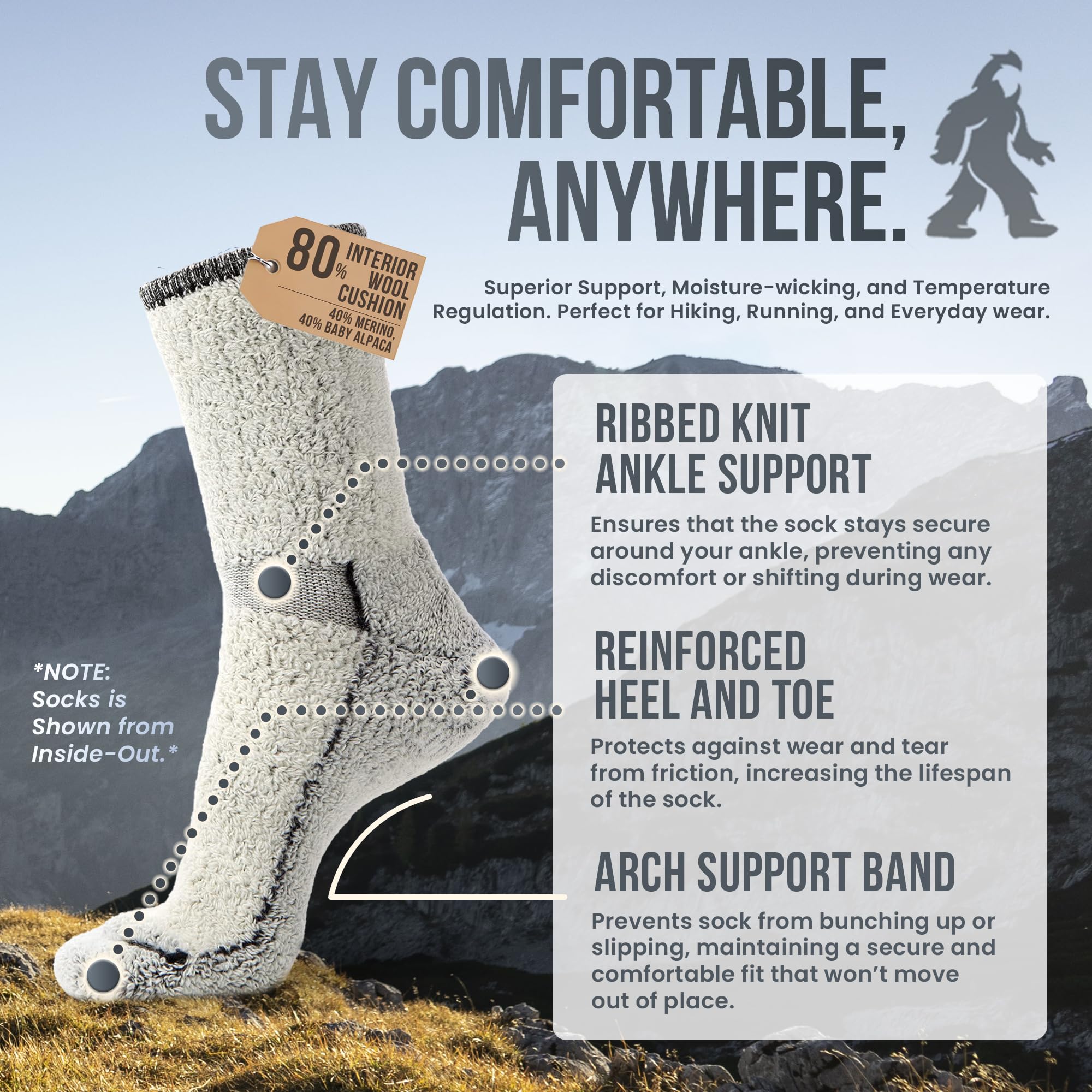 Desert Breeze Distributing sock worn in hiking boot demonstrating blister prevention