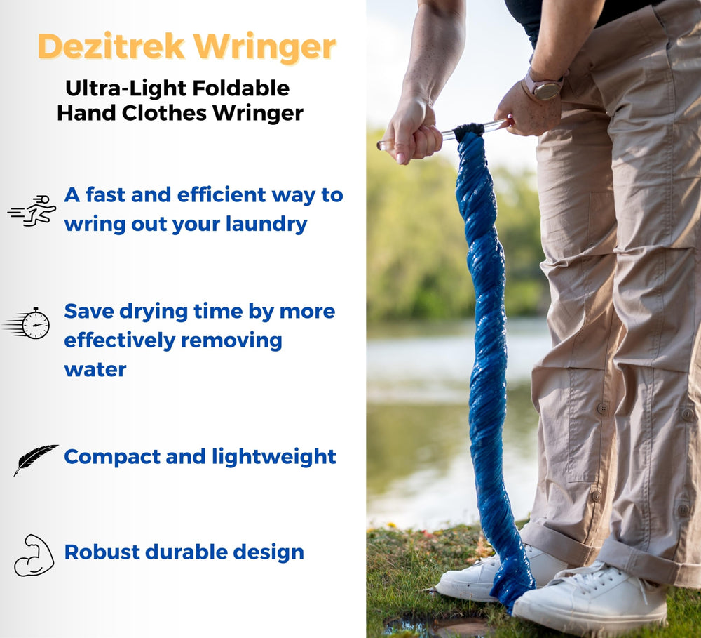 Dezitrek next to a plunger wash bag showing complete off-grid laundry setup