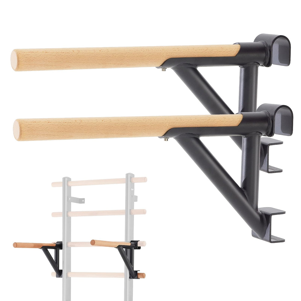 DHT double bar bracket front view showing compact steel frame and wooden grips for stable workouts
