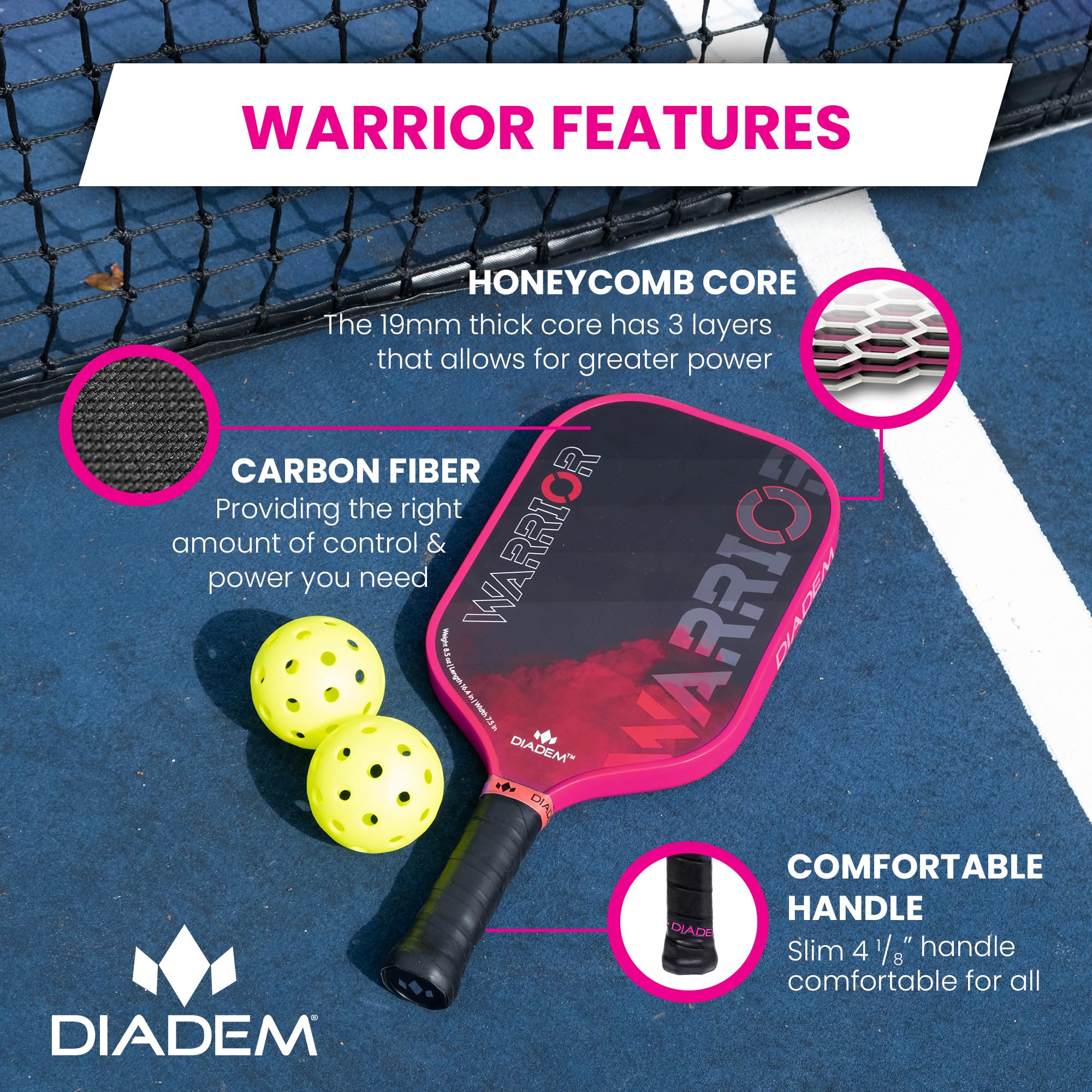 Diadem Sports taper tech grip close-up showing comfortable narrow circumference benefit