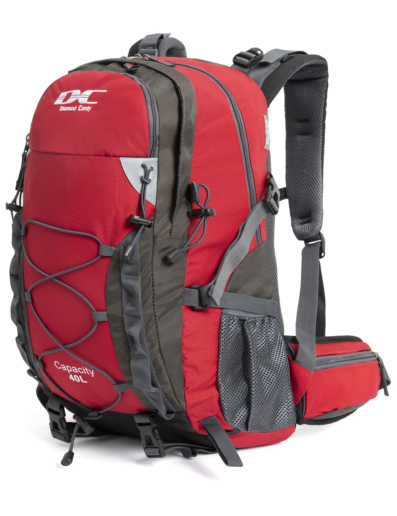Diamond Candy front view of 40L backpack showing pockets and shape for versatile carry