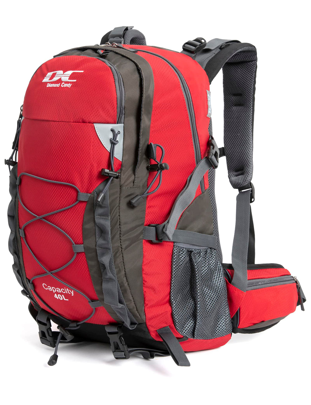 Diamond Candy front view of 40L backpack showing pockets and shape for versatile carry