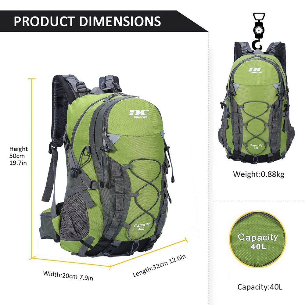 Diamond Candy next to hiking boot showing 40L capacity and real-world scale