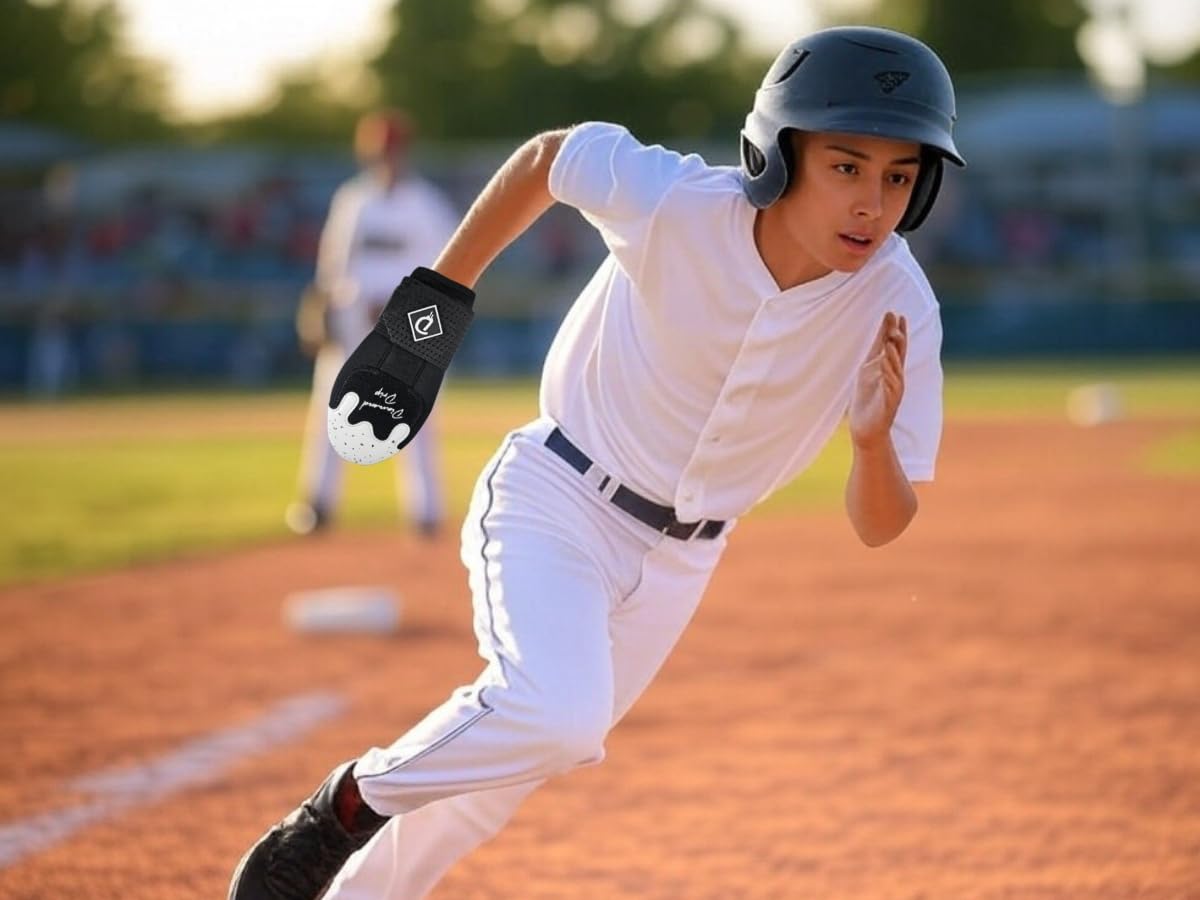Diamond Drip mitt on youth hand sliding into base showing protection and mobility