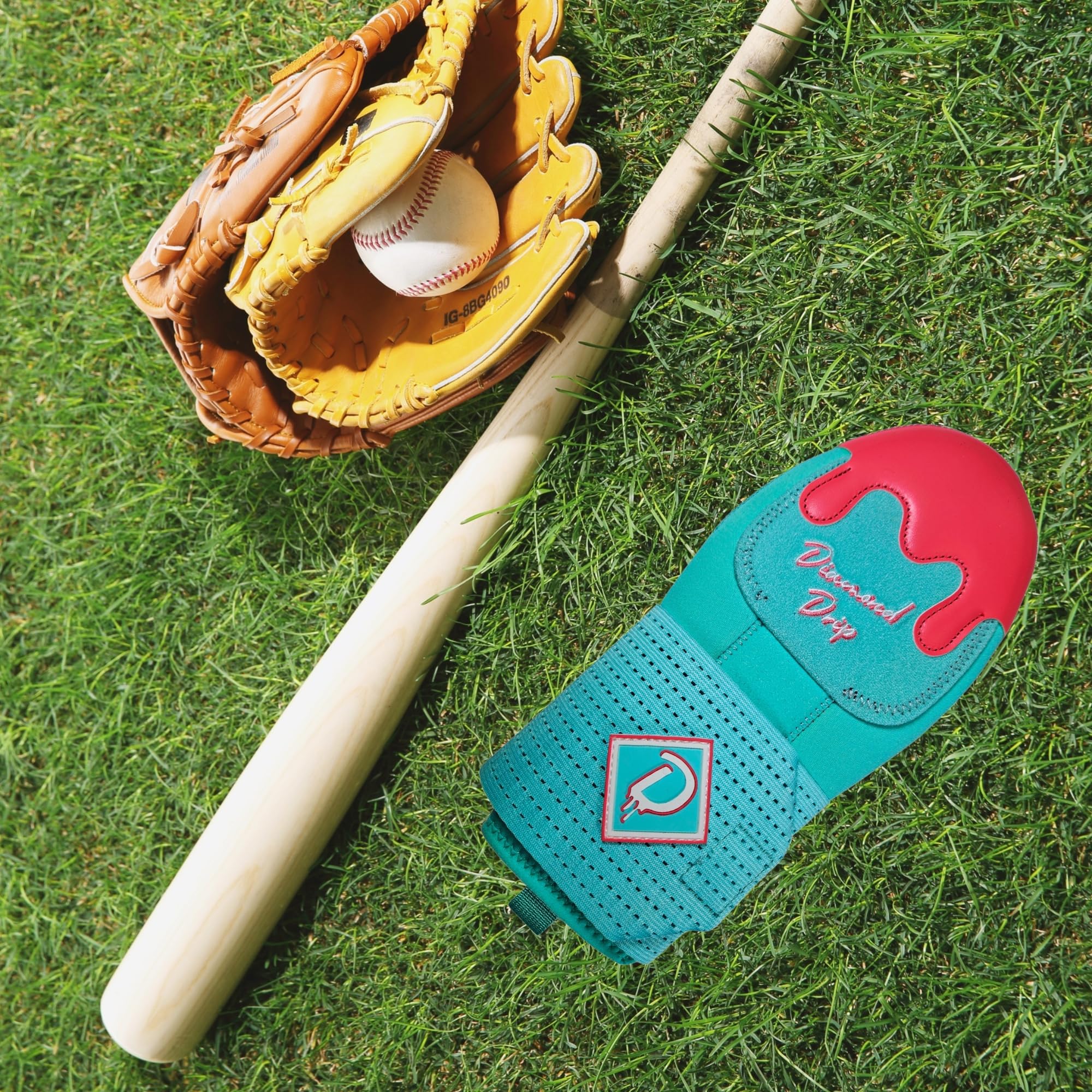 Diamond Drip next to a baseball glove showing mitt size and low-profile scale