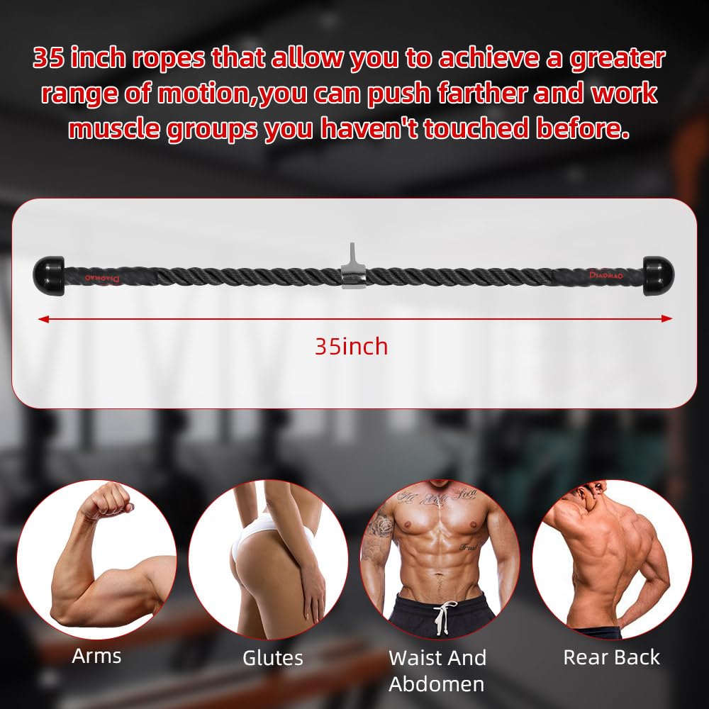 Diaomao tricep rope beside ruler showing 35 inch length for wider grip and greater reach