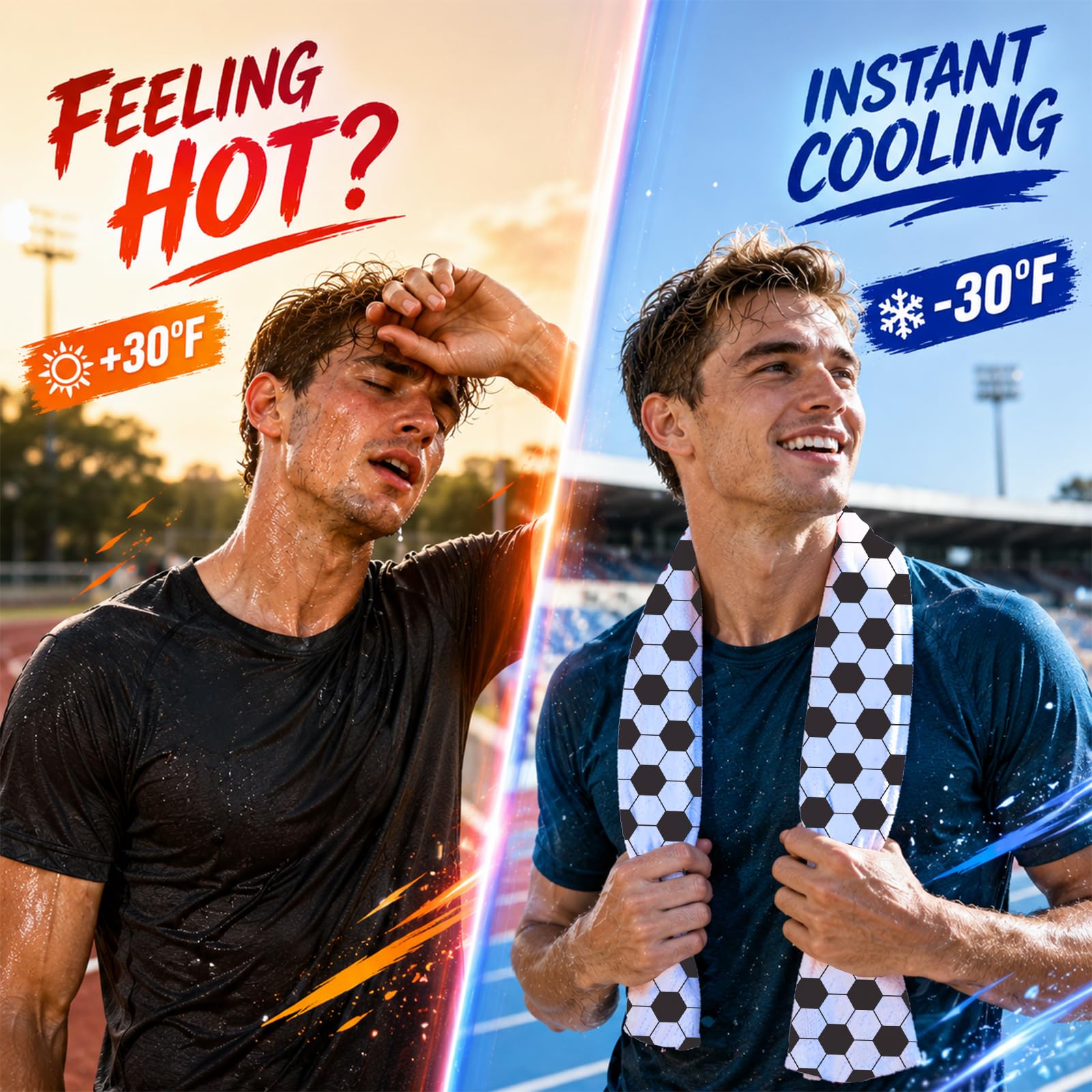 Diarafy towel wrapped around player neck providing immediate cooling comfort
