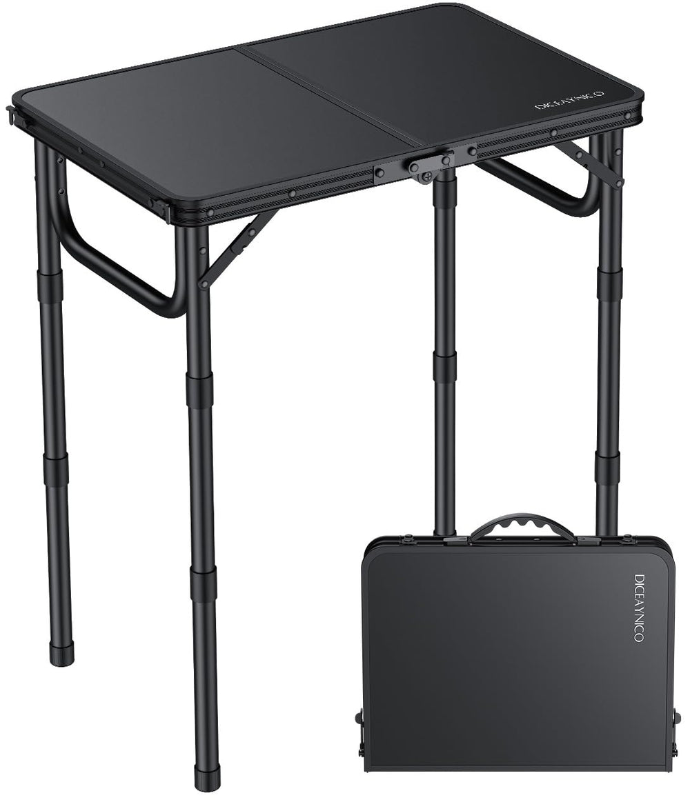 Diceaynico front view of table open showing compact portability and sturdy surface