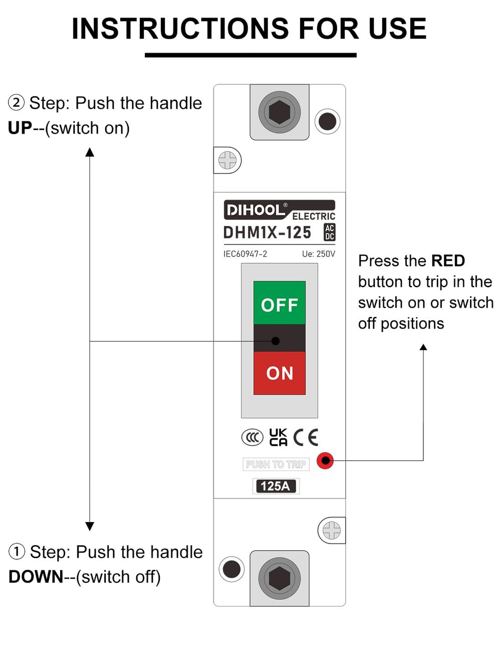 DIHOOL label and ratings view confirming voltage and breaking capacity