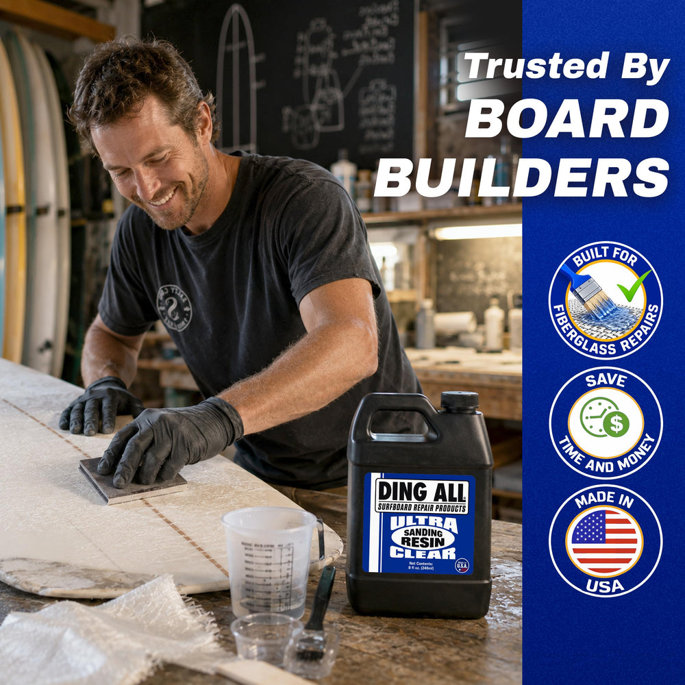 Ding All applied to a surfboard ding demonstrating reliable repair benefit