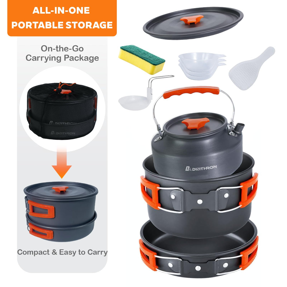 DINITHRON cookware in use over camp stove demonstrating simple outdoor meal preparation