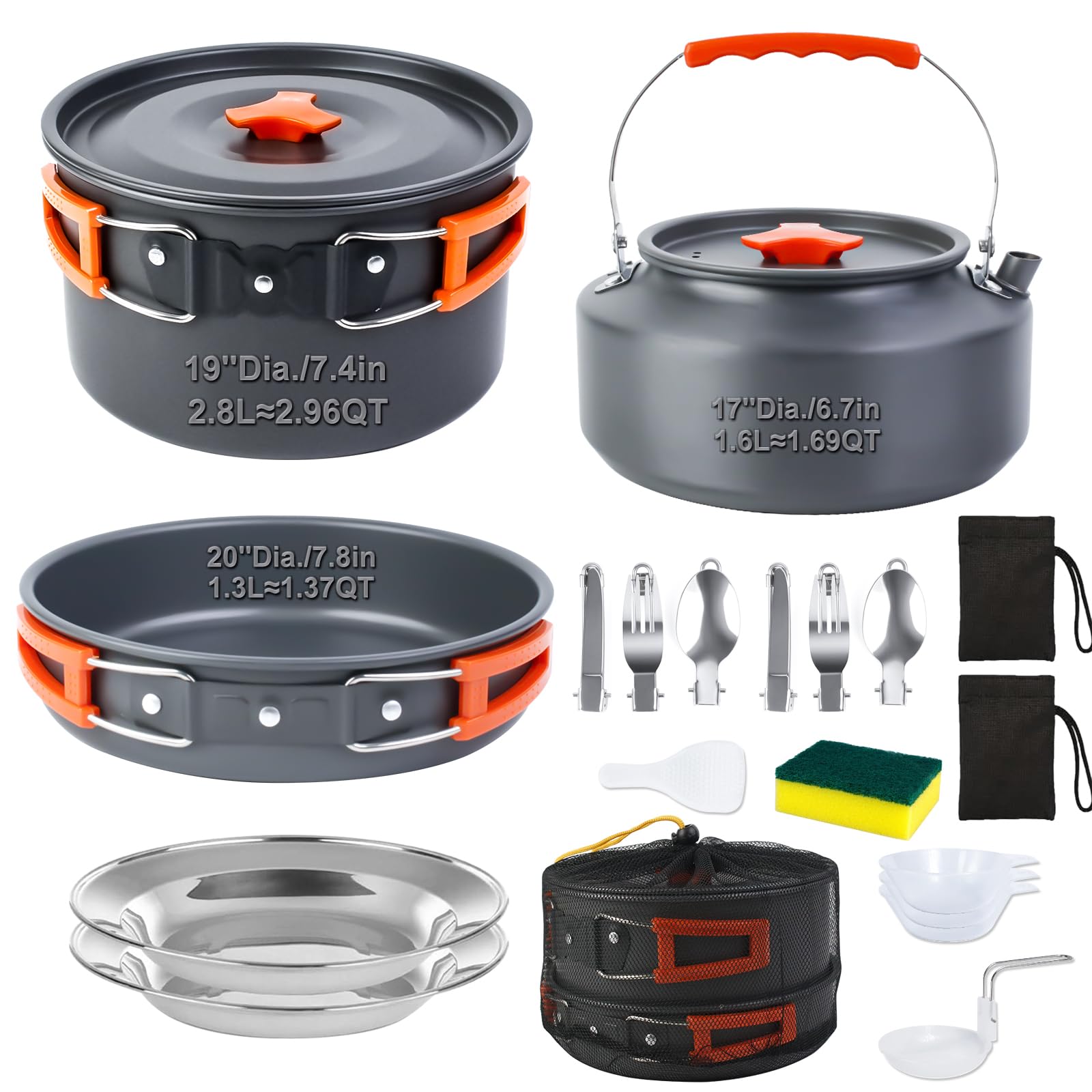Dinithron front view of nested 18-piece set showing compact packability and quick setup