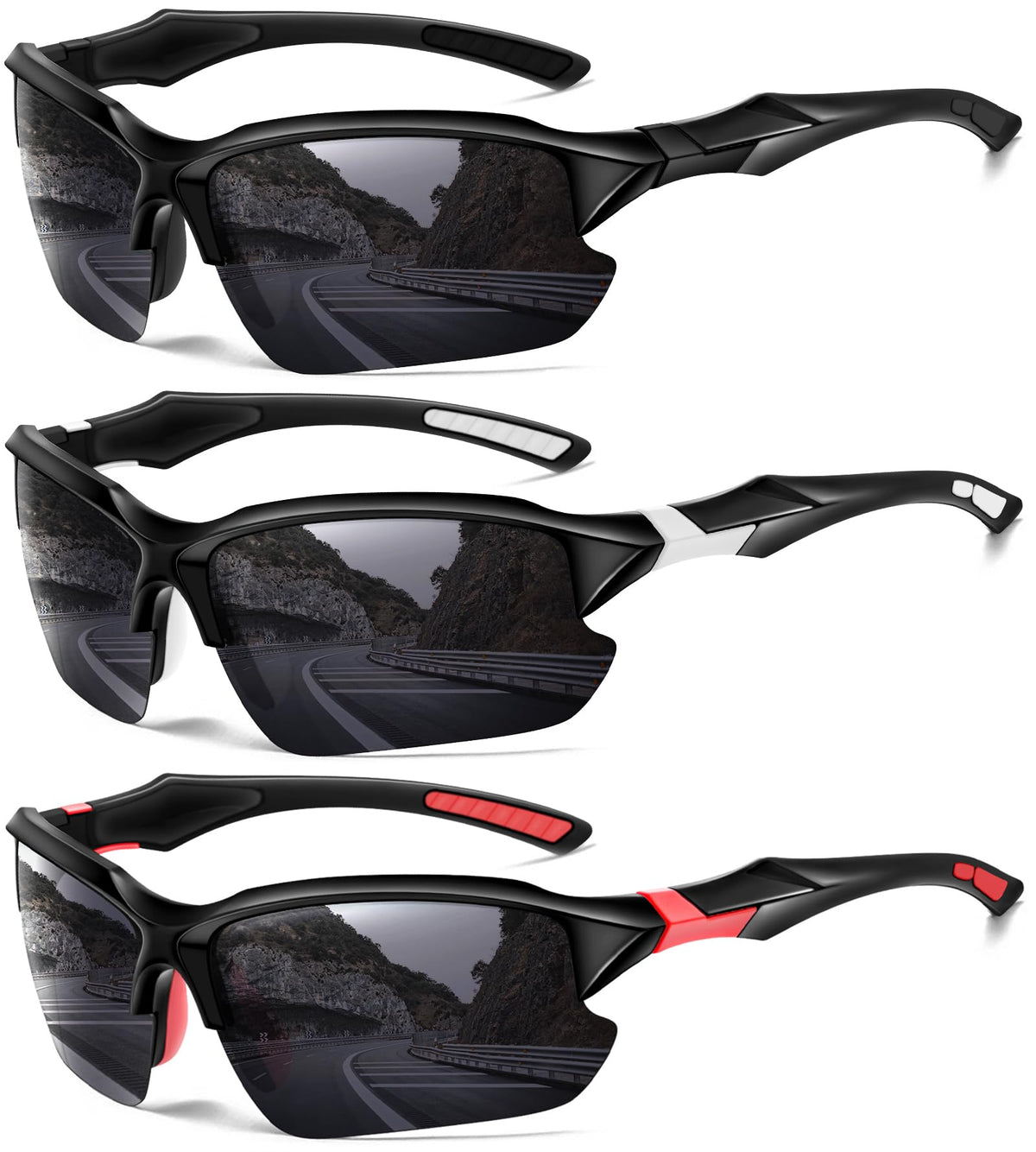 DioKiw front view of three-pack sports sunglasses showing styles and colors, convenient set