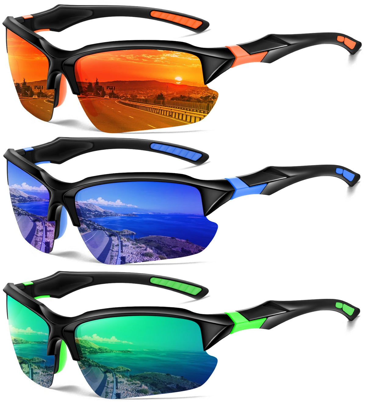 DioKiw front view pack showing three half-frame pairs and polarized lenses for versatile protection
