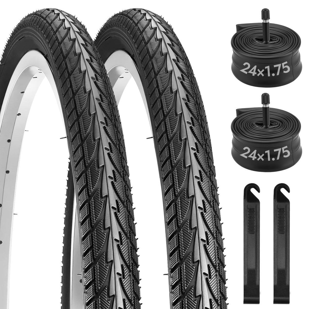 Dioty front view of two packaged 24x1.75 tires and tubes showing complete kit benefits