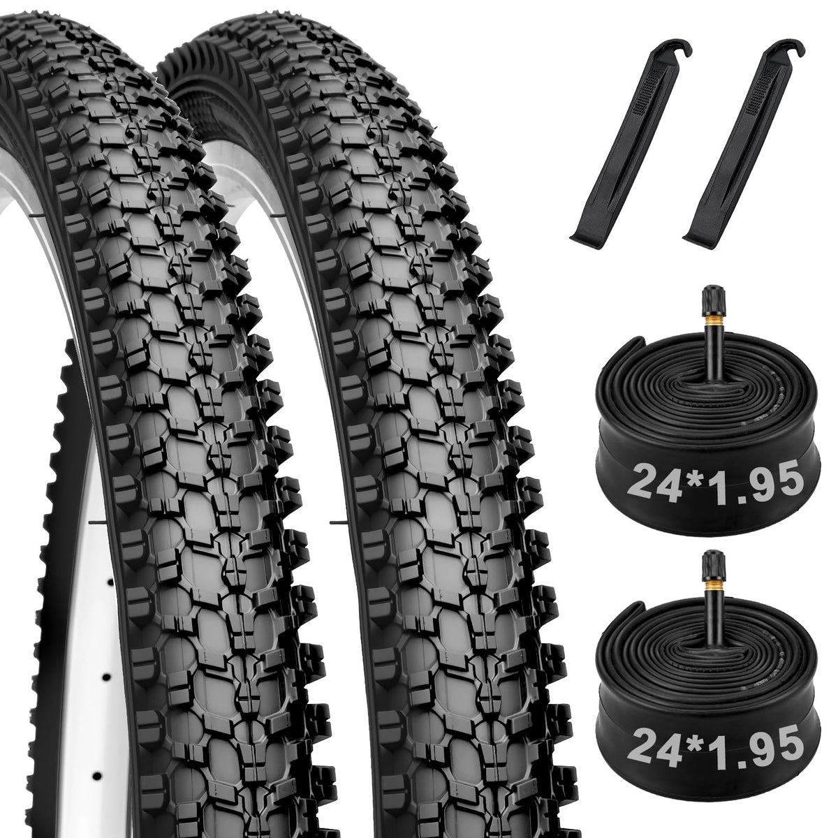 Dioty front view of two 24-inch tire set showing packaging and kit benefits
