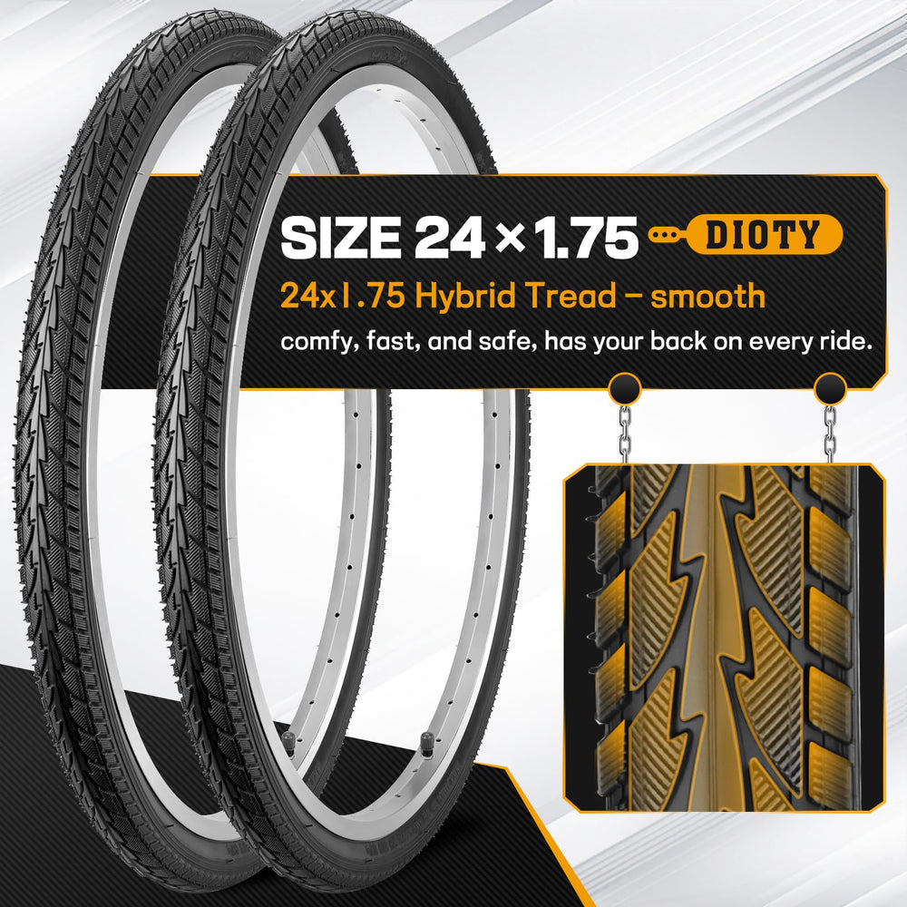 Dioty tire next to ruler showing 24-inch sizing for confident fit verification