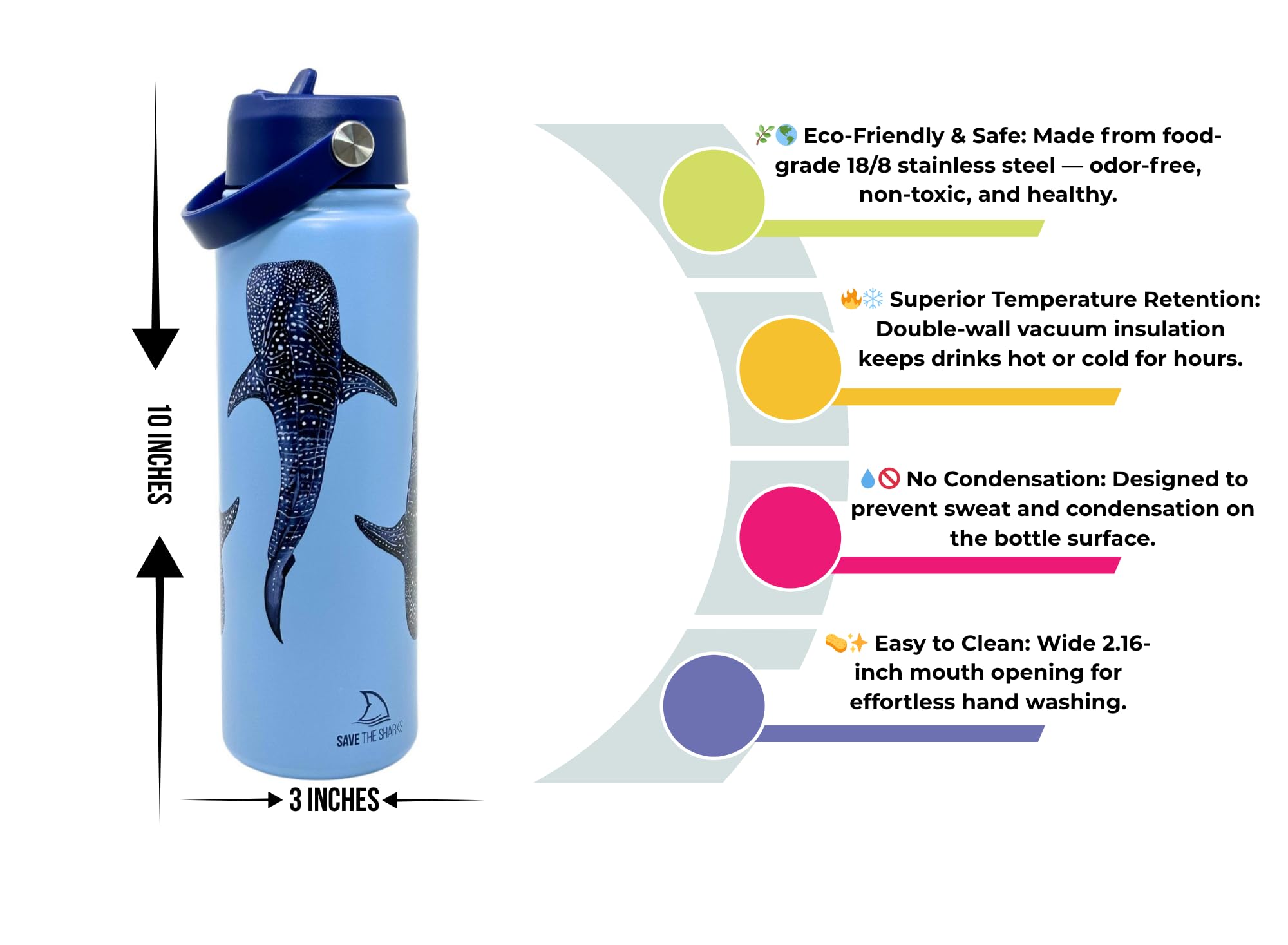 DiscoverSharks bottle beside a water glass showing scale and portability benefit