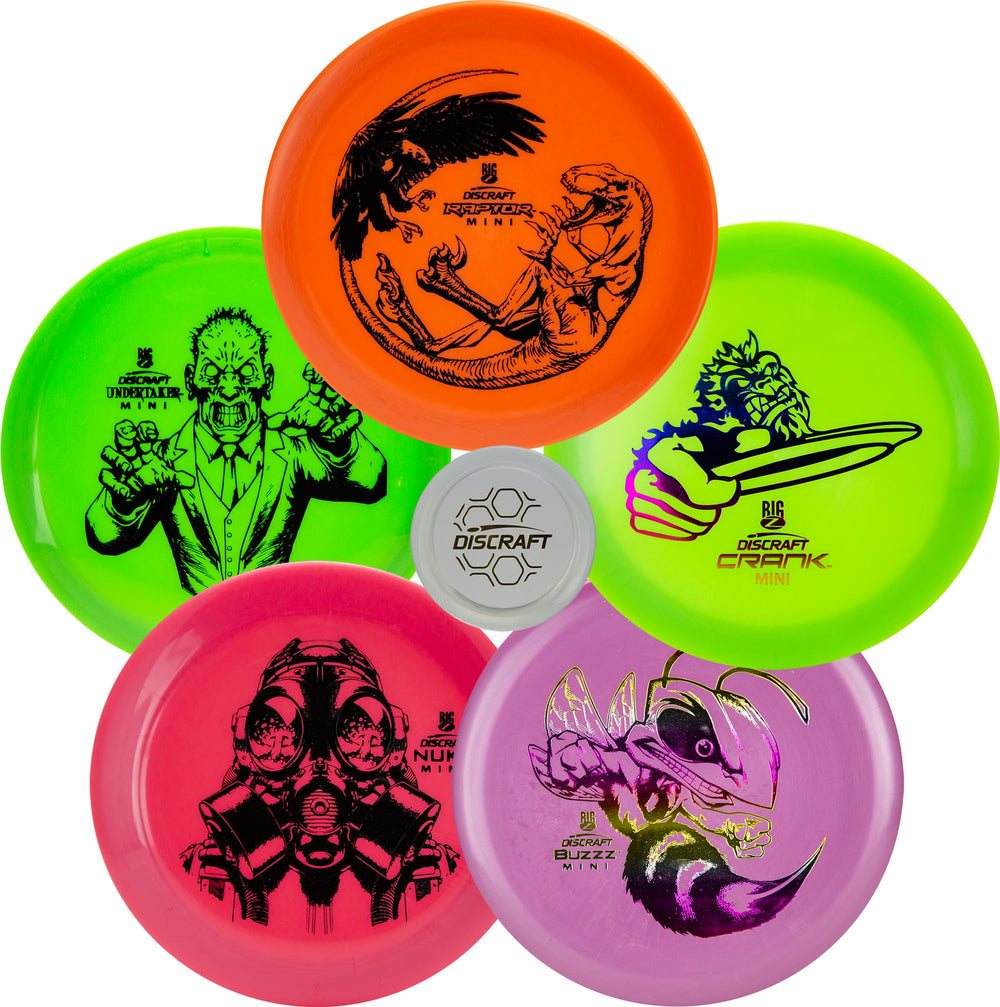 Discraft mini big z front packaging showing included five discs and snap cap benefit: easy gift