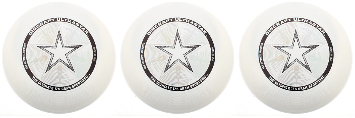 Discraft Ultra-Star front view showing white discs and official logo, reliable performance
