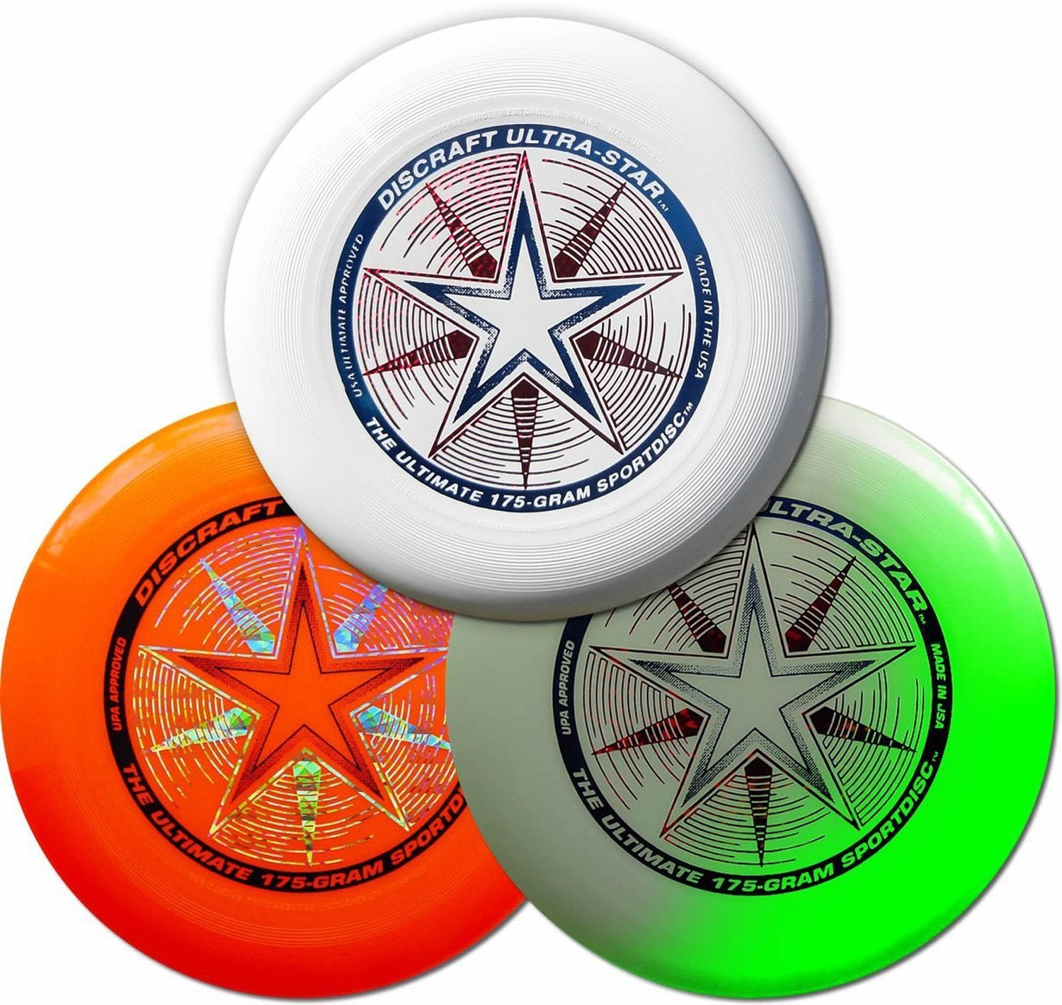 Discraft Ultra-Star front view showing three-disc bundle and regulation design benefits