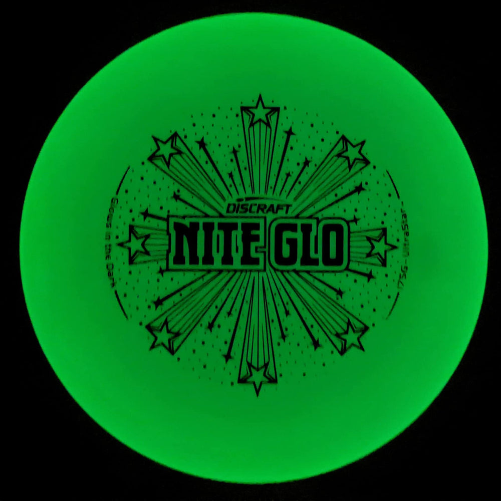 Discraft Ultra-Star held in hand glowing, showing grip detail and night-play visibility