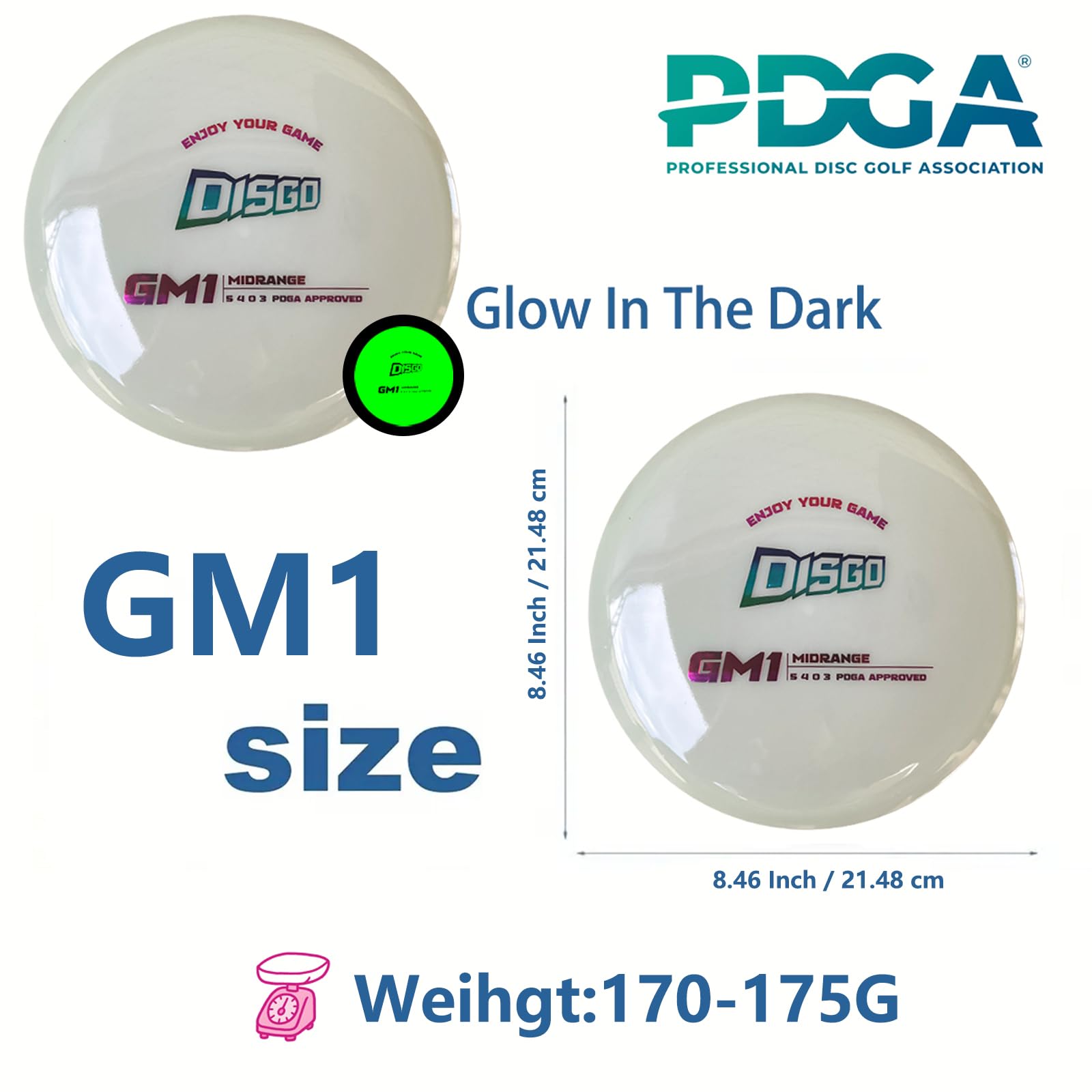 Generic DISGO discs glowing after UV charge, improving visibility and tracking on night rounds