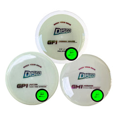 Generic DISGO set front packaging showing three glow discs, highlighting durability and grip